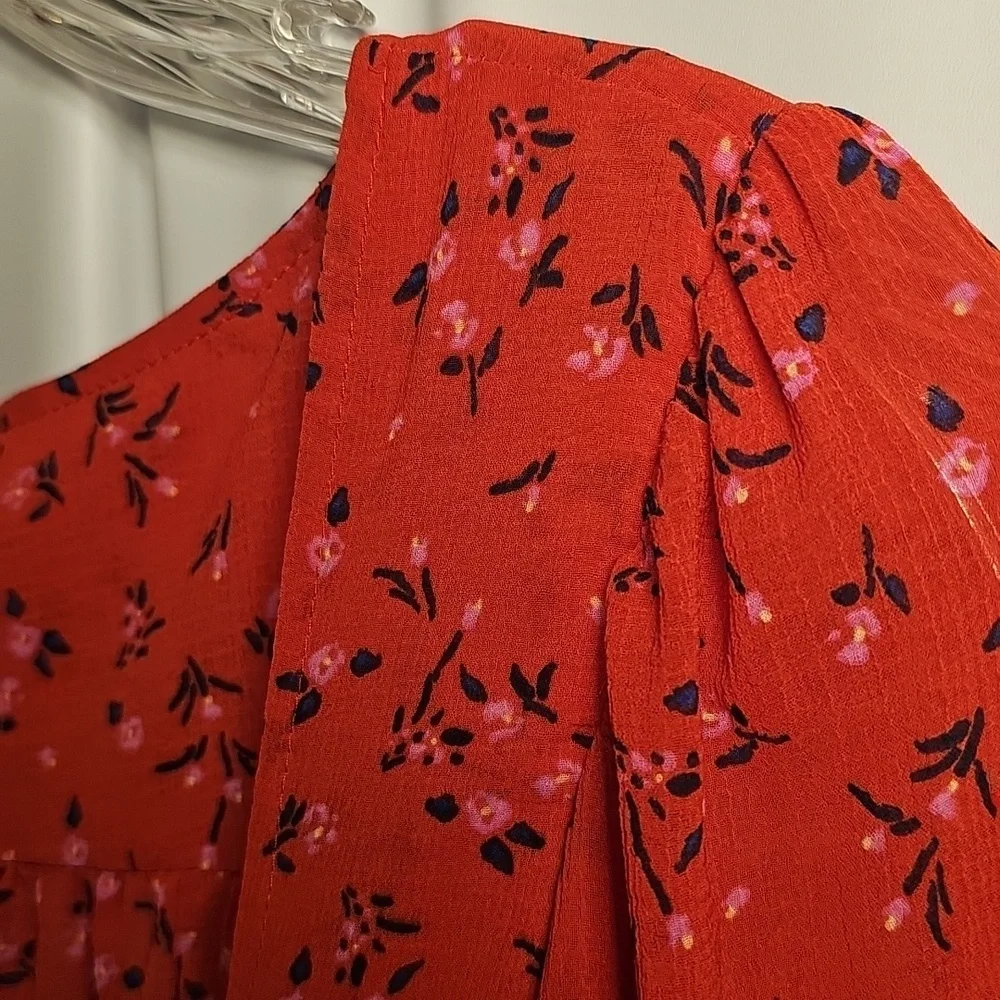 Free People Womens Tied Square Keyhole Neckline Red Floral Polyester Blouse M - Picture 5 of 8